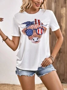 SHEIN LUNE 旗和奶牛圖案T恤 - 白色 - 查看 6