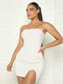 SHEIN BAE 側收褶下擺開叉抹胸緊身洋裝 - 米色 - 查看 5