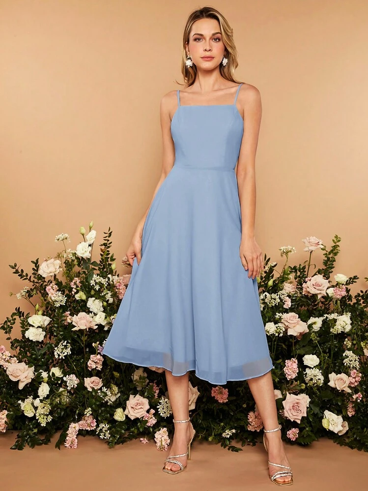 Vestito da damigella d'onore con canotta tinta unita, elegante - blu polveroso - Visualizzare 6