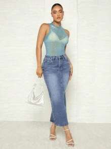 SHEIN BAE 水鑽細節小高領連體衣 - 青碧色 - 查看 4