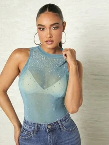 SHEIN BAE 水鑽細節小高領連體衣 - 青碧色 - 查看 5