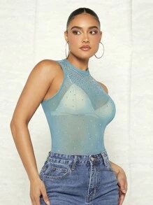 SHEIN BAE 水鑽細節小高領連體衣 - 青碧色 - 查看 6