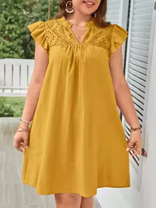 SHEIN LUNE 1 pieza Vestido con volantes en el cuello de contraste y en el dobladillo para verano - Mostaza Amarilla - Ver 1