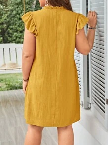 SHEIN LUNE 1 pieza Vestido con volantes en el cuello de contraste y en el dobladillo para verano - Mostaza Amarilla - Ver 2