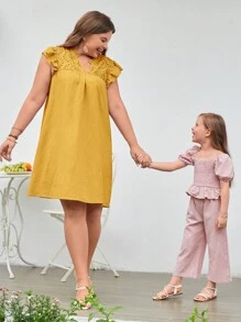 SHEIN LUNE 1 pieza Vestido con volantes en el cuello de contraste y en el dobladillo para verano - Mostaza Amarilla - Ver 3