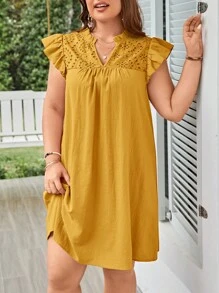 SHEIN LUNE 1 pieza Vestido con volantes en el cuello de contraste y en el dobladillo para verano - Mostaza Amarilla - Ver 5