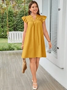 SHEIN LUNE 1 pieza Vestido con volantes en el cuello de contraste y en el dobladillo para verano - Mostaza Amarilla - Ver 6