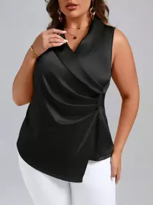 SHEIN Clasi Áo sơ mi Plus Size Xù Trọn gói màu trơn Thanh lịch - màu đen - Xem 3