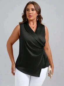 SHEIN Clasi Áo sơ mi Plus Size Xù Trọn gói màu trơn Thanh lịch - màu đen - Xem 4