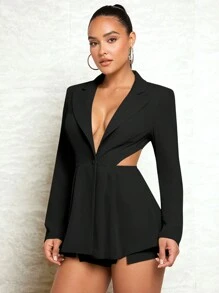 SHEIN BAE Lapel Neck Cut Out Waist Blazer & Shorts In Fall/Winter - Black - View 6