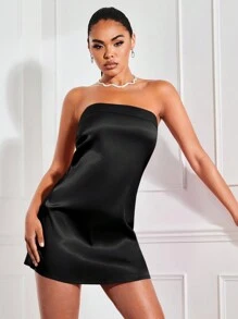 SHEIN BAE 素色露背緞面抹胸洋裝 - 黑色 - 查看 3