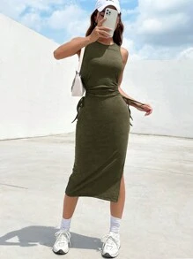 SHEIN EZwear Drawstring Side Split Thigh Cut Out Tank Dress - Army Green - View 6