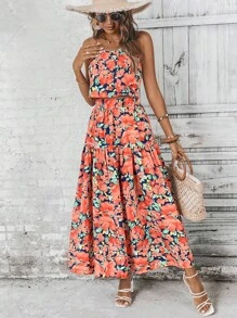 SHEIN LUNE 滿版印花吊帶上衣和荷葉邊半身裙 - 西瓜粉 - 查看 4