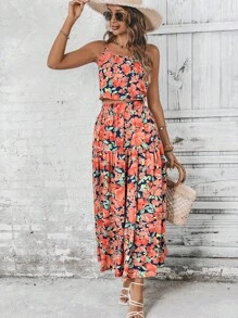 SHEIN LUNE 滿版印花吊帶上衣和荷葉邊半身裙 - 西瓜粉 - 查看 3