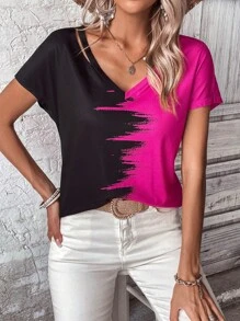 SHEIN LUNE Two Tone V Neck Batwing Sleeve Tee - Multicolor - View 3