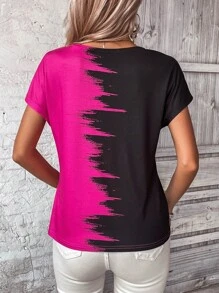 SHEIN LUNE Two Tone V Neck Batwing Sleeve Tee - Multicolor - View 6