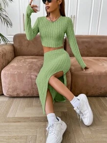 SHEIN EZwear Solid Crop Tee & Split Thigh Skirt - Green - View 5