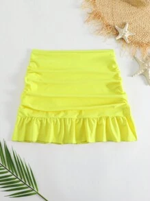 Ruffle Hem Ruched Cover Up Skirt, For Summer Beach Vacation - Yellow - View 5