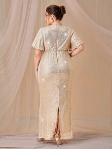 SHEIN Belle 大碼前扭結亮片伴娘連衣裙 - 香檳色 - 查看 5