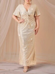 SHEIN Belle 大碼前扭結亮片伴娘連衣裙 - 香檳色 - 查看 4