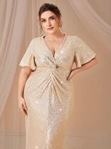 SHEIN Belle 大碼前扭結亮片伴娘連衣裙 - 香檳色 - 查看 7