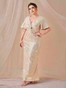 SHEIN Belle 大碼前扭結亮片伴娘連衣裙 - 香檳色 - 查看 1