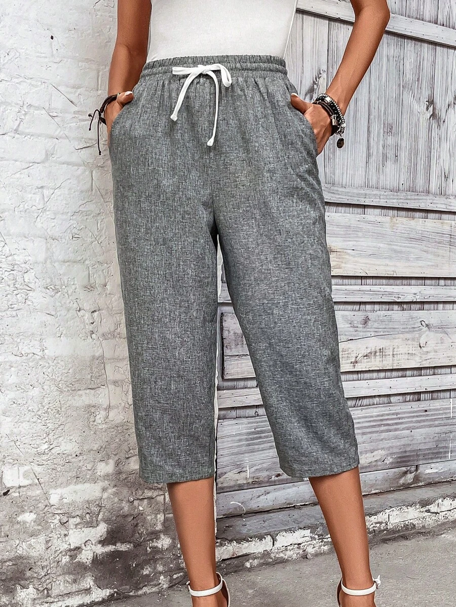 SHEIN LUNE Quần nữ Dây kéo Túi màu trơn Giải trí - Xám - Xem 1