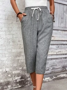 SHEIN LUNE Quần nữ Dây kéo Túi màu trơn Giải trí - Xám - Xem 5