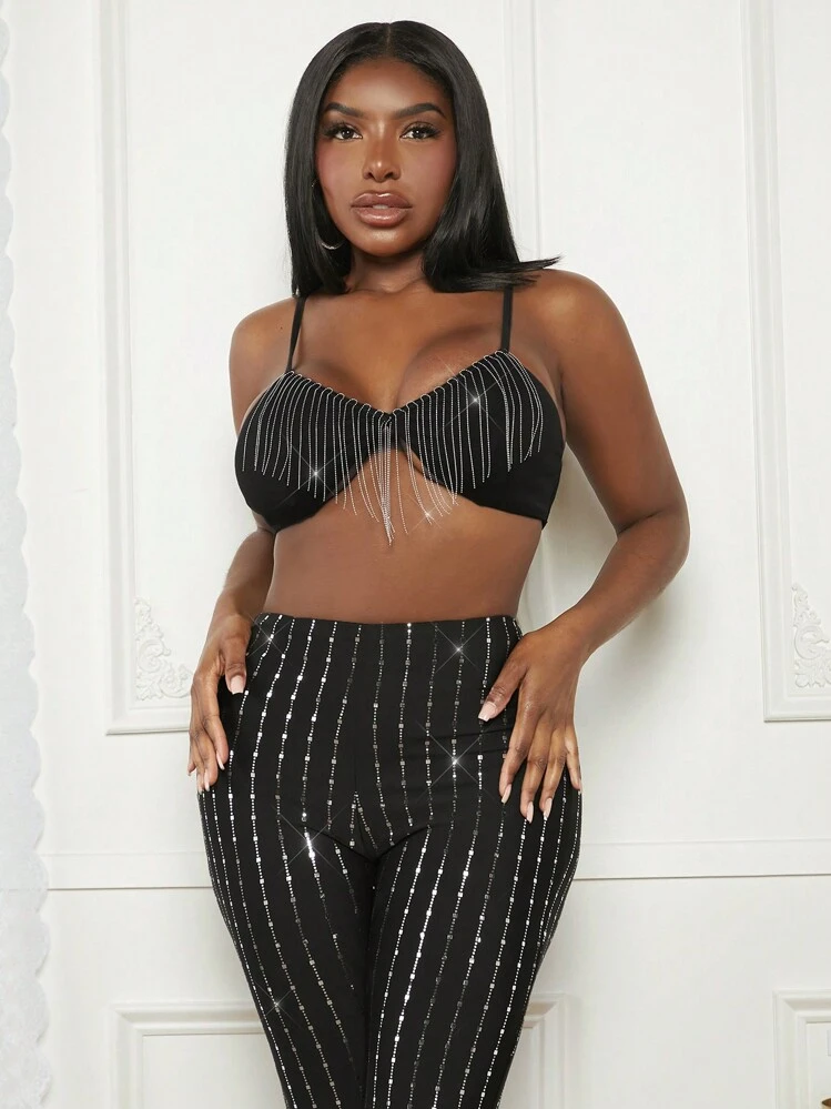 Slaydiva חיתוך פרינג' טופ גופייה קצר & מכנסיים מתרחבים - שחור - ראה 3