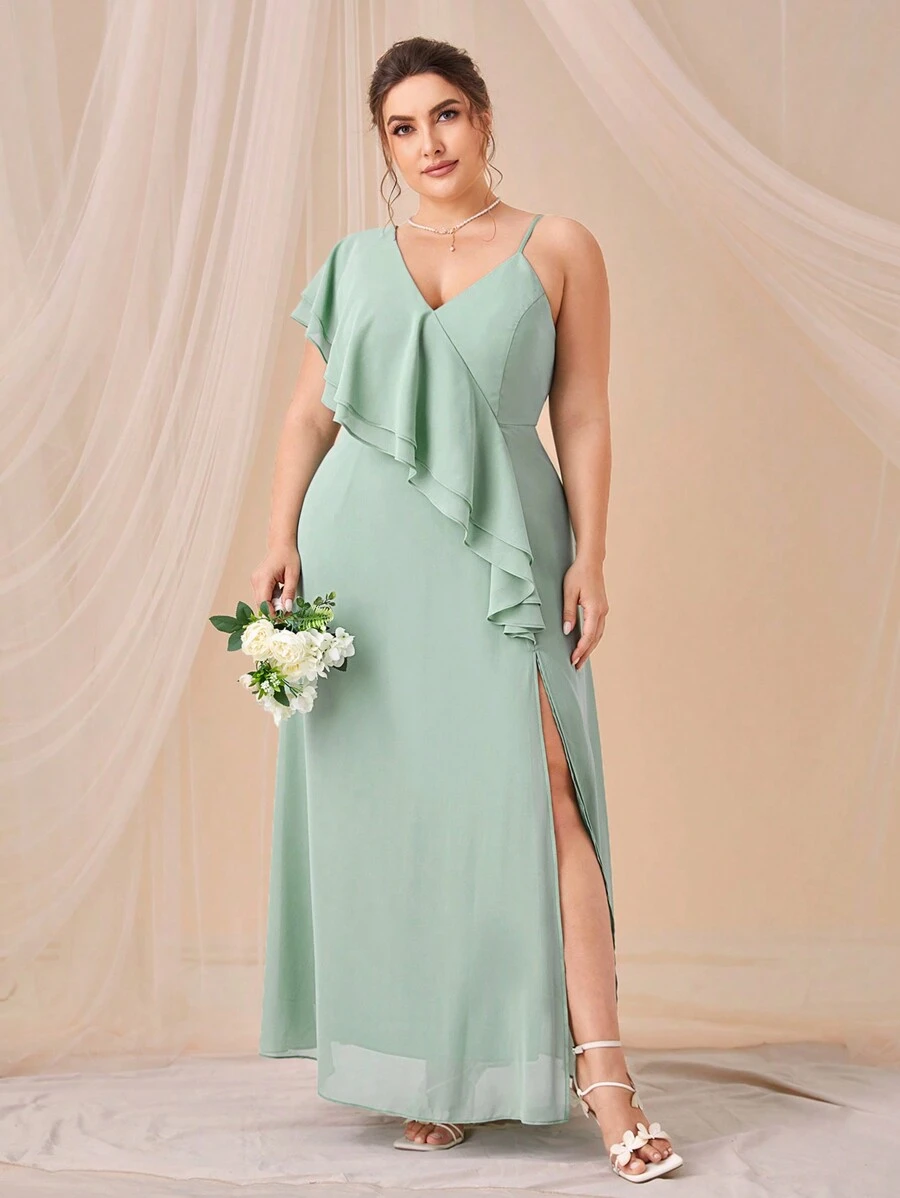 SHEIN Belle Plus Asymmetrical Neck Ruffle Trim Split Thigh Chiffon Bridesmaid Dress