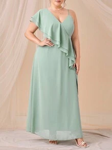 SHEIN Belle Plus Asymmetrical Neck Ruffle Trim Split Thigh Chiffon Bridesmaid Dress