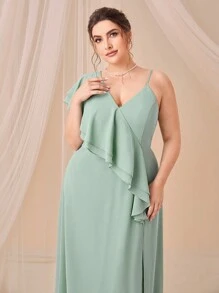 SHEIN Belle Plus Asymmetrical Neck Ruffle Trim Split Thigh Chiffon Bridesmaid Dress