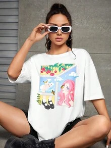 Junebeari 人像圖案落肩袖超大號T恤 - 白色 - 查看 1