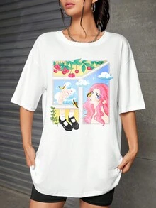 Junebeari 人像圖案落肩袖超大號T恤 - 白色 - 查看 4