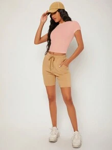 SHEIN BASICS Solid Round Neck Crop Tee - Baby Pink - View 4
