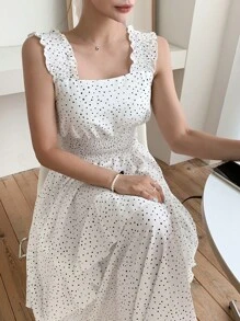 DAZY 波點圖案荷葉邊腰部打褶洋裝 - 白色 - 查看 1