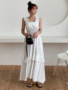 DAZY 波點圖案荷葉邊腰部打褶洋裝 - 白色 - 查看 3