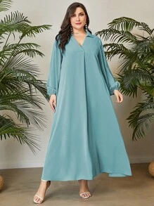 Mulvari Plus Solid Lantern Sleeve Dress - Mint Blue - View 1