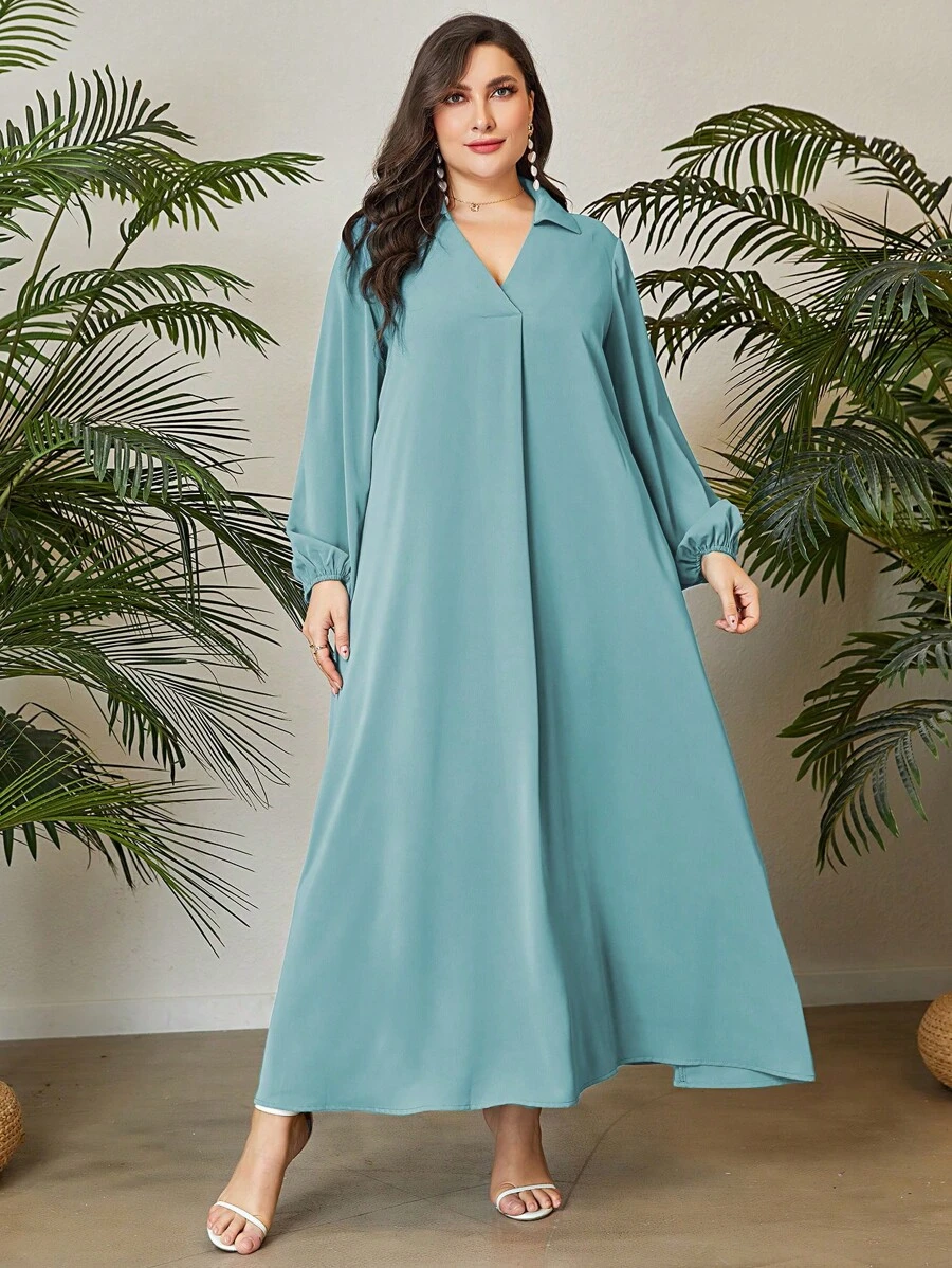 Mulvari Plus Solid Lantern Sleeve Dress - Mint Blue - View 1