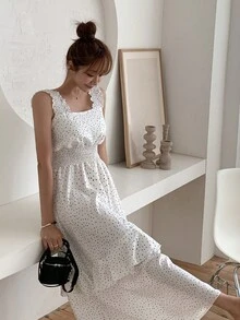 DAZY 波點圖案荷葉邊腰部打褶洋裝 - 白色 - 查看 5