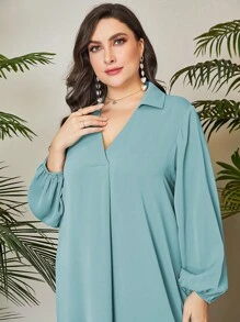 Mulvari Plus Solid Lantern Sleeve Dress - Mint Blue - View 4