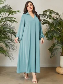 Mulvari Plus Solid Lantern Sleeve Dress - Mint Blue - View 5