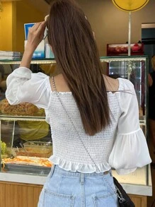 DAZY Chất rắn Tie Trước Bardot Lá sen tỉa Xù Bustier Áo sơ mi Crop - trắng - Xem 2