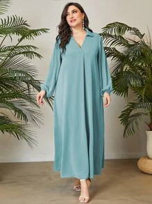 Mulvari Plus Solid Lantern Sleeve Dress - Mint Blue - View 6