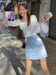 DAZY Chất rắn Tie Trước Bardot Lá sen tỉa Xù Bustier Áo sơ mi Crop - trắng - Xem 7