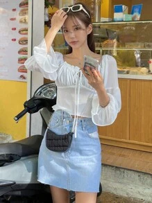 DAZY Chất rắn Tie Trước Bardot Lá sen tỉa Xù Bustier Áo sơ mi Crop - trắng - Xem 9