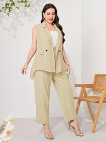 Modelyn Plus Lapel Neck Double Breasted Vest Blazer - Apricot - View 3