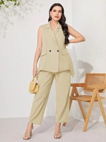 Modelyn Plus Lapel Neck Double Breasted Vest Blazer - Apricot - View 6