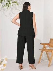 Modelyn Áo vest Plus size Nút đôi màu trơn Giải trí - màu đen - Xem 2