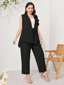 Modelyn Áo vest Plus size Nút đôi màu trơn Giải trí - màu đen - Xem 5